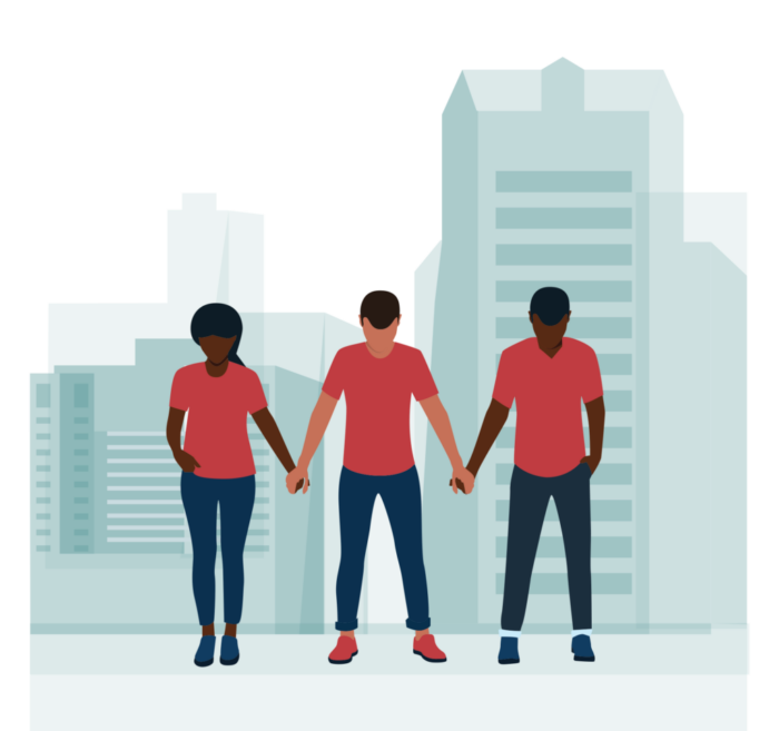 An illustration of 3 Black people standing and holding hands. From left to right are a a Black woman, and 2 Black women, all wearing red t-shirts and jeans in solidarity.