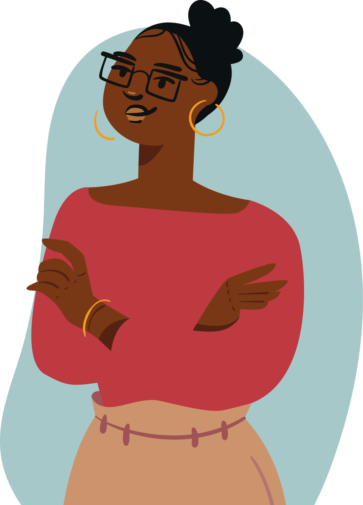 Illustrated image of a Black woman wearing a red shirt with her arms crossed. Her hair is in a bun and she is wearing black glasses.